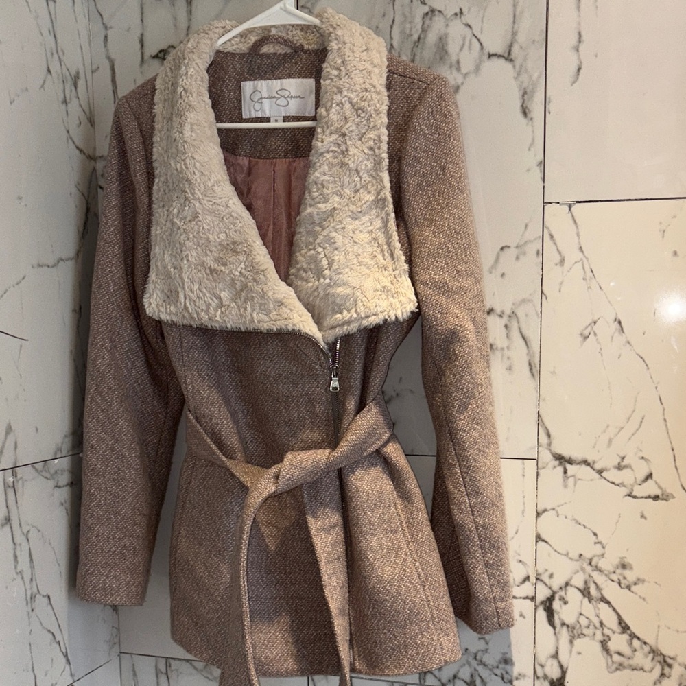 Jessica Simpson Beige Coat with Faux Fur Collar